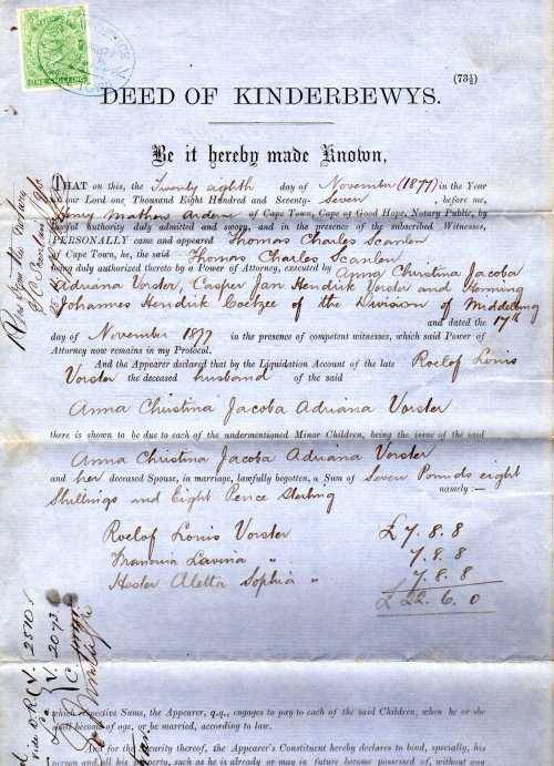 CAPE OF GOOD HOPE 1/- GREEN QV REVENUE STAMP USED ON "DEED OF KINDERBEWYS" 1877.