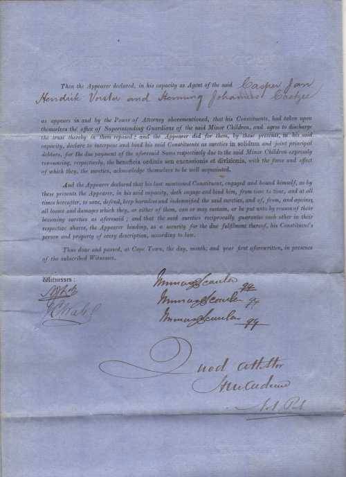 CAPE OF GOOD HOPE 1/- GREEN QV REVENUE STAMP USED ON "DEED OF KINDERBEWYS" 1877.