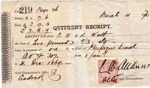 CAPE OF GOOD HOPE 7/6d LILAC PERF 15,5x15 QV REVENUE STAMP USED ON RECEIPT. COGH 1865 BAREFOOT 28.