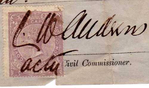 CAPE OF GOOD HOPE 7/6d LILAC PERF 15,5x15 QV REVENUE STAMP USED ON RECEIPT. COGH 1865 BAREFOOT 28.
