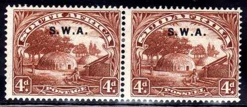 SOUTH WEST AFRICA 1927/30 4d BROWN PERF 14 FINE MOUNTED MINT PAIR. SACC 85. CAT R350.