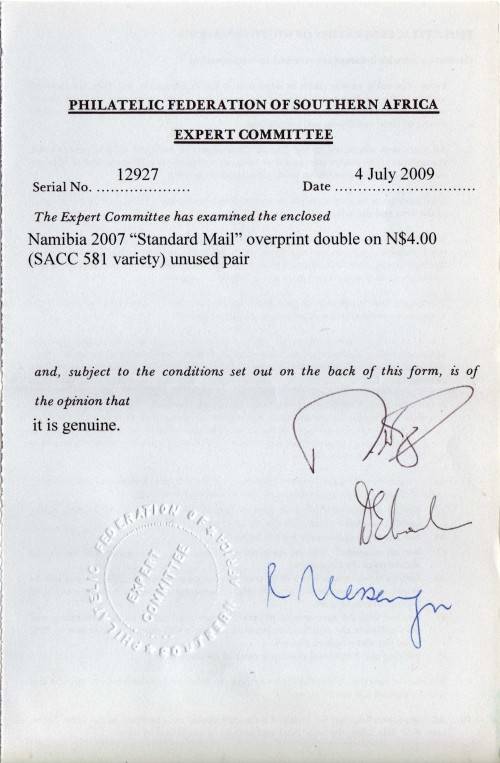 NAMIBIA 2007 N$4 BUFFALO OVPT "Standard Mail" UMM VERT PAIR VARIETY OVPT DOUBLE CERTIFIED. SACC 581a
