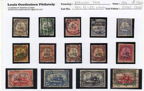 GERMAN SOUTH WEST AFRICA 1901 YACHT DEFIN SET OF 13 + SHADE OF 20Pfg VFU. SACC 13-25. CAT R5955.