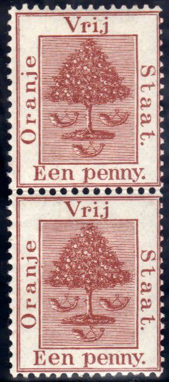 ORANGE FREE STATE 1868-71 1d PALE BROWN VERTICAL PAIR VERY FINE UMM & MM. SACC 1. CAT R1100.