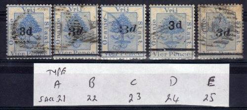 ORANGE FREE STATE 1882 COMPLETE SET OF 5 DIFFERENT SURCHARGES ON 4d USED. SACC 21-25. SG 38-42.