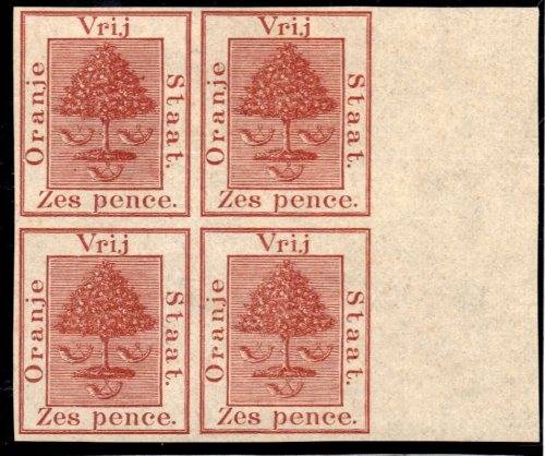 ORANGE FREE STATE 1868-74 UNMOUNTED MINT RIGHT MARGINAL PLATE PROOF OF 6d IN THE COLOUR OF THE 1d.