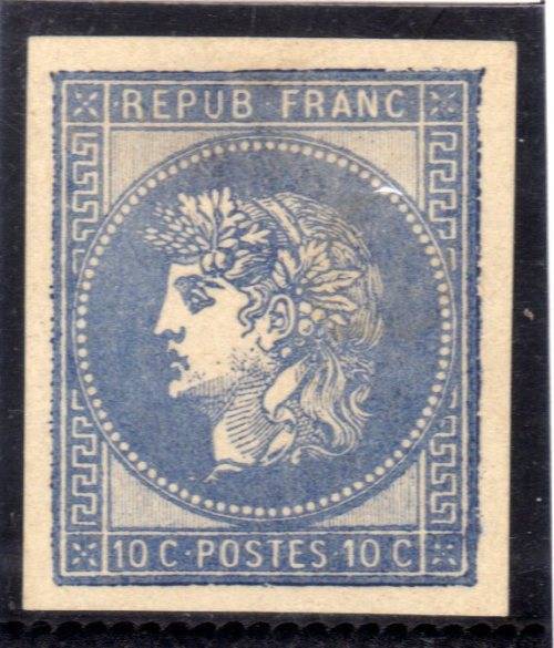 FRANCE 1876 10c ESSAY BY GAIFFE IN ULTRAMARINE ON UNGUMMED PAPER AS ISSUED. SCARCE ITEM.