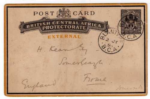 NYASALAND B.C.A. 1898 2d PICTURE POST CARD (EXTERNAL) WITH FINE BLANTYRE CANCELS. H & G #5.