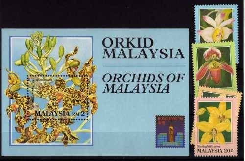 MALAYSIA 1994 ORCHIDS SET OF 4 & M/S UNHINGED BUT MINOR PAPER ADHESION. SG 527-31. CAT 5,65 POUNDS.
