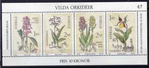 SWEDEN 1982 WILD ORCHIDS MINI SHEET OF 4 UNHINGED BUT MINOR PAPER ADHESION. CAT 3,50 POUNDS.