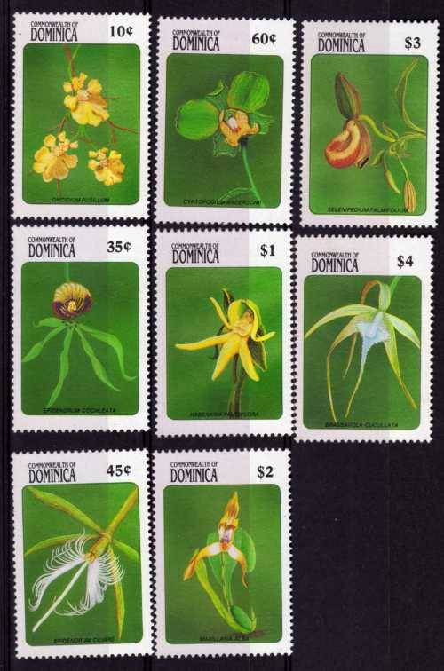 DOMINICA 1989 ORCHIDS SET OF 8 + 2 MINI SHEETS UMM. SG 1264-1272. CAT 19,75 POUNDS.
