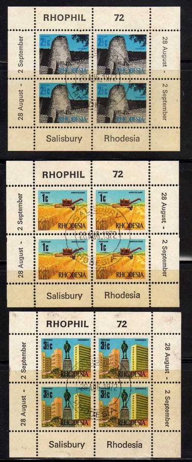 RHODESIA 1972 RHOPHIL 72 SET OF 3 PANES VFU PERF ALL AROUND. SACC 236D-238D. CAT R150.
