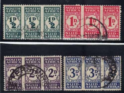 SOUTH AFRICA 1943-4 POSTAGE DUE SET OF 4 UNITS VFU. SACC 29-32. CAT R2690. (SACC 2019/20)