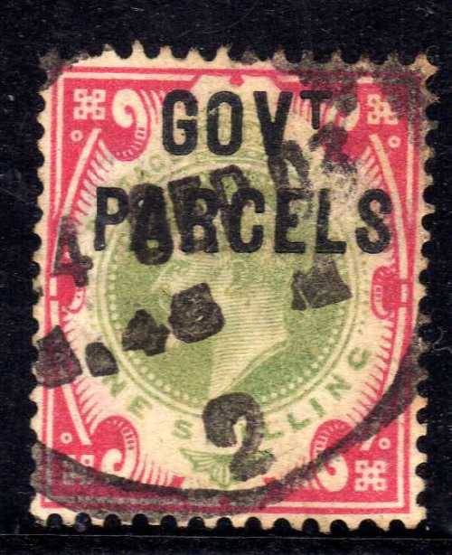 GREAT BRITAIN 1902 GOVERMENT PARCELS 1/- FINE USED BUT GREEN FADED. SG O78. CAT 300 POUNDS (2018)