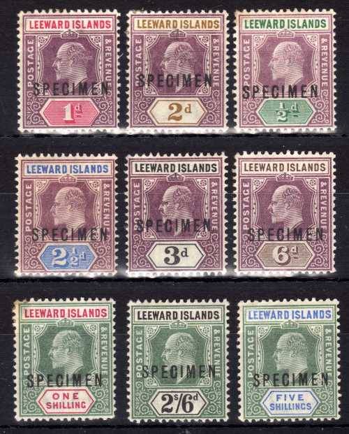 LEEWARD ISLANDS 1902 KEVII SPECIMEN SET OF 9 MM. SG 20s-28s. CAT 190 POUNDS. (2018)