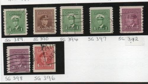 Canada 1942 War Effort 7 coil stamps fine - very fine used. Cat £28,75 (2018)