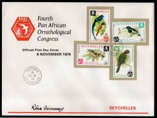Seychelles 1976 4th Pan African Ornithological Congress set of 4 birds on FDC signed Rena Fennessy.
