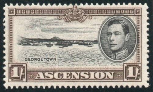 Ascension 1938 KGVI Definitive 1/- black and sepia perf 13 mounted mint. SG 44a. Cat £6,50 (2022)