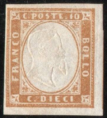 Sardinia 1855 Definitive 10c bistre mint no gum. SG 40. Cat £8,50 (2014)