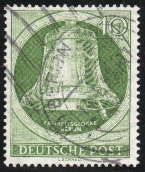 Germany West Berlin 1951 Freedom Bell 10pf Clapper at right very fine used. SG B83. Cat £5,50 (2013)