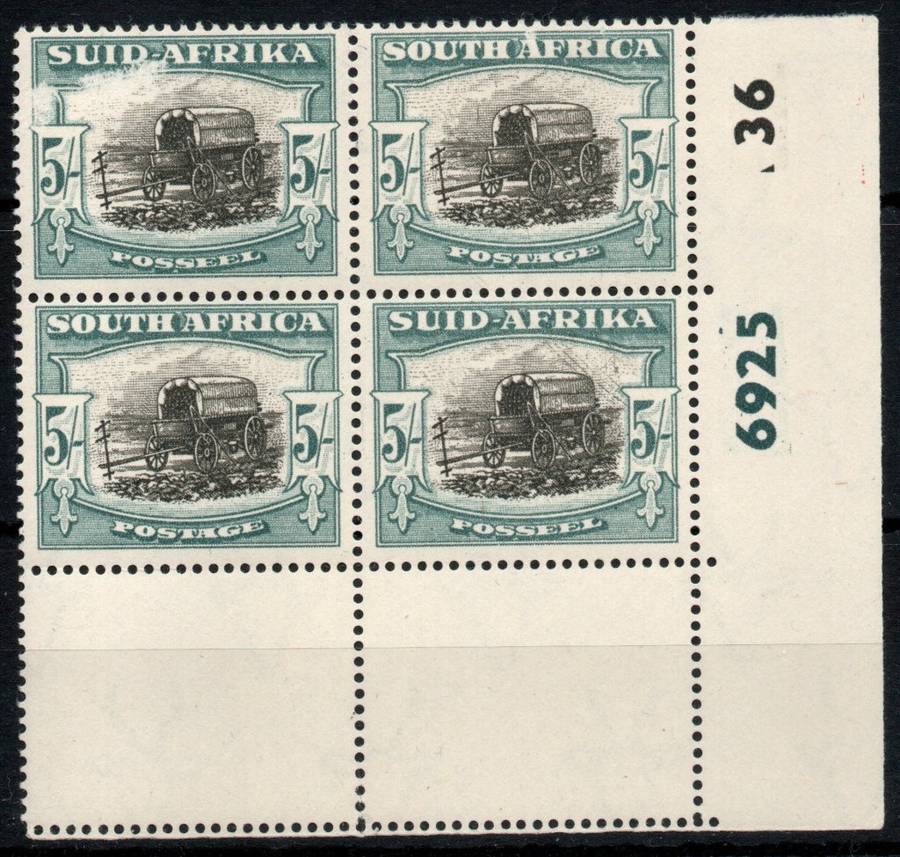 South Africa 1947-54 Screened Pict 5/- black & pale blue-green contr block umm. SACC 121. Cat R4500.
