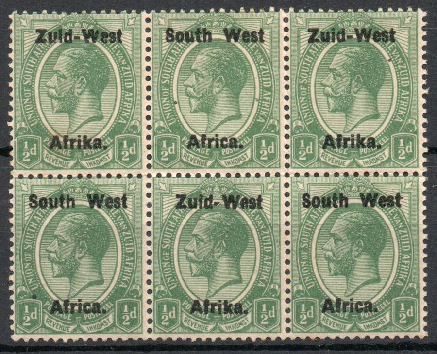 South West Africa 1923 KGV ½d green block of 6 mounted & unmounted mint. SACC 1. Cat R220 (2023-25)