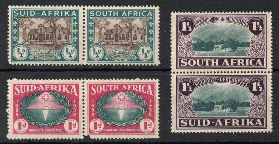 South Africa 1939 250th Anniv of Huguenot landing in SA set of 3 pairs umm. SACC 81-83. Cat R1100