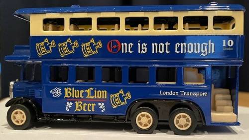 London Transport #10 Double Decker Blue Lion Beer die cast model.