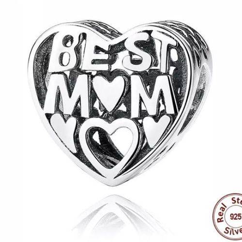 S925 Sterling Silver Best Mom Heart-Shaped Charm Bead fits Pandora Bracelet