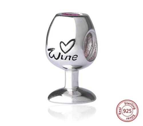 S925 Solid Red Wine Glass Charm, fits Pandora Bracelets