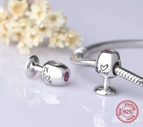 S925 Solid Red Wine Glass Charm, fits Pandora Bracelets