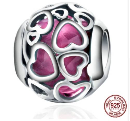 S925 Radiant Hearts Pink Charm fits Pandora Snake Chain Bracelet