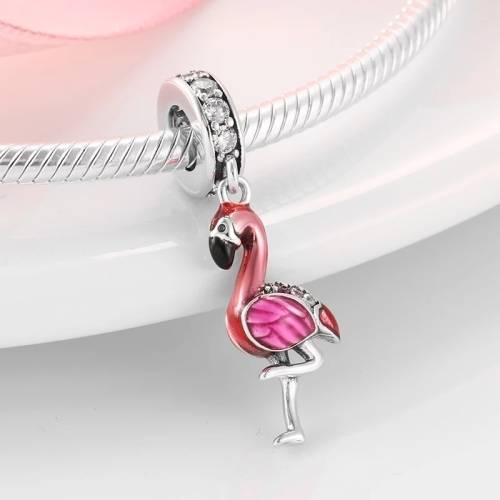 S925 Pink Flamingo Dangle Charm fits Pandora Snake Chain Bracelet