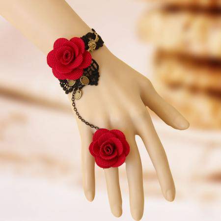 Black lace red rose flower bracelet ring set