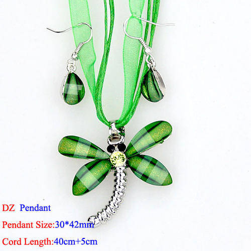 Green rhinestone dragonfly necklace & earrings set