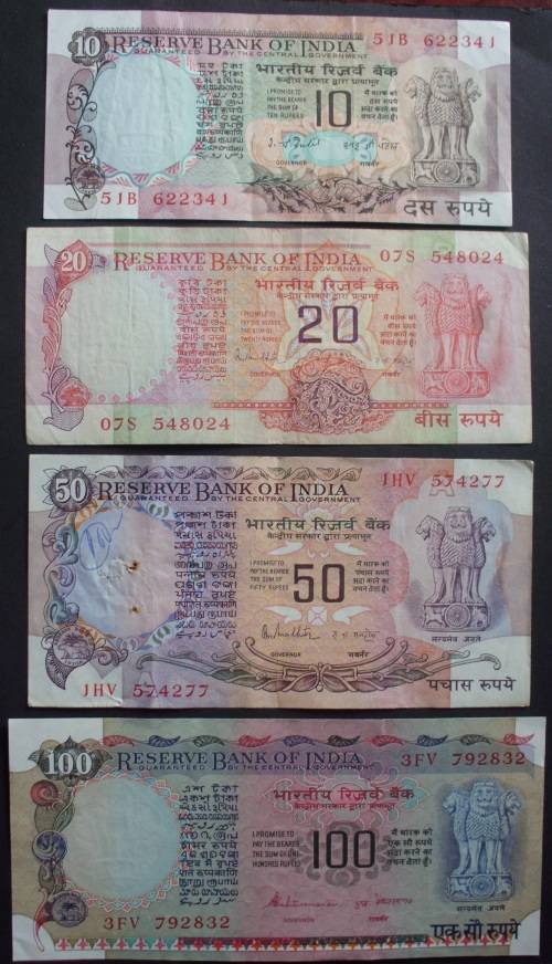 Banknotes India 10/20/50/100 Rupees AU