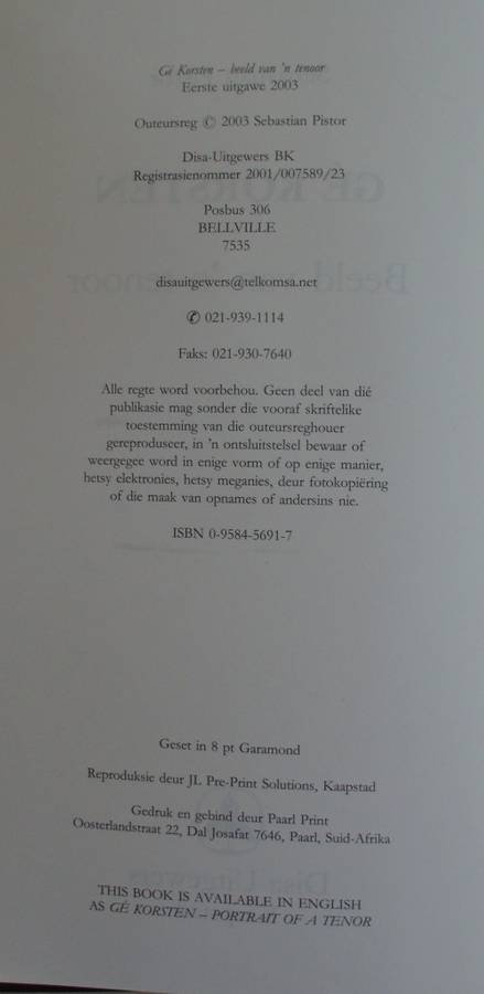 Book - Ge Korsten - Beeld Van n Tenor - 2003 - 477
