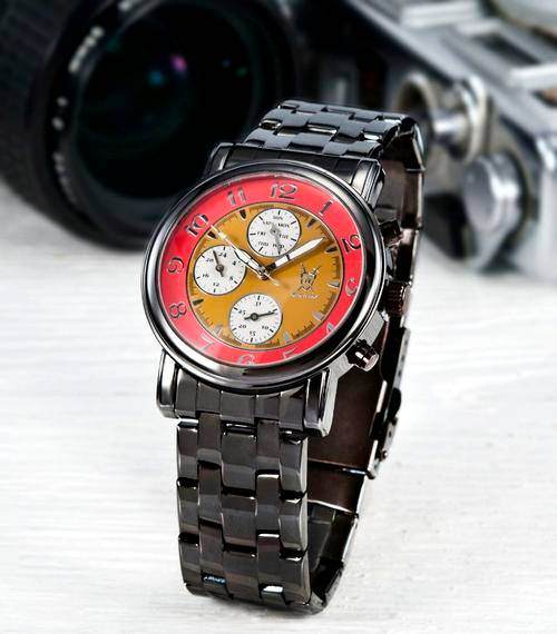 NICE KONIGSWERK VOLLTURNUS GUN METAL STEEL BAND - MUSTARD/RED DIAL CLOCK.GREAT GERMAN PRECISION.