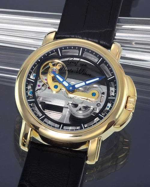 **STUNNING** UNISEX GRAF VON MONTE WEHRO TRENT BLACK/GOLD SKELETON AUTOMATIC CLOCK !!!