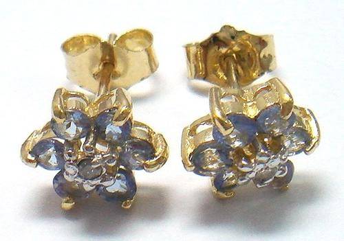 GREAT 9KT SOLID YELLOW GOLD TANZANITE PLUM BLOSSOM STUD EARRINGS
