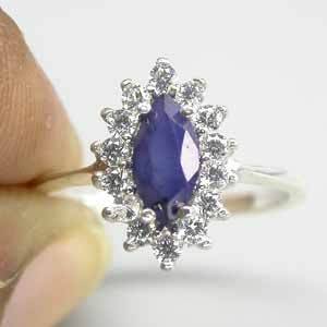 SAPPHIRE (NATURAL)& CUBIC ZIRCONIA 14K WHITE GOLD COATING 925 SILVER RING
