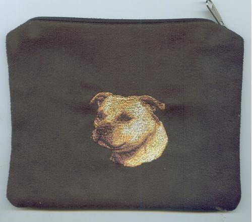 Embroidered Black make up bag. Staffie dog