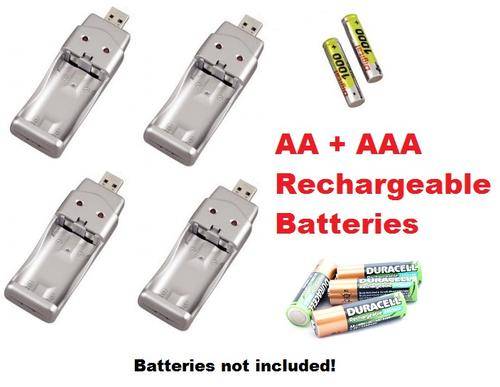 4 x Portable USB AA / AAA Battery Charger for Ni-MH or NI-CD rechargeable batteries.