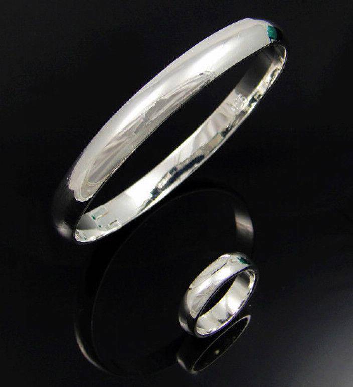 Sterling Silver Snap Bangle and Ring Set (Hollowed)
