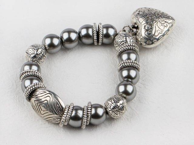Gunmetal grey pearl and burnished silver bracelet