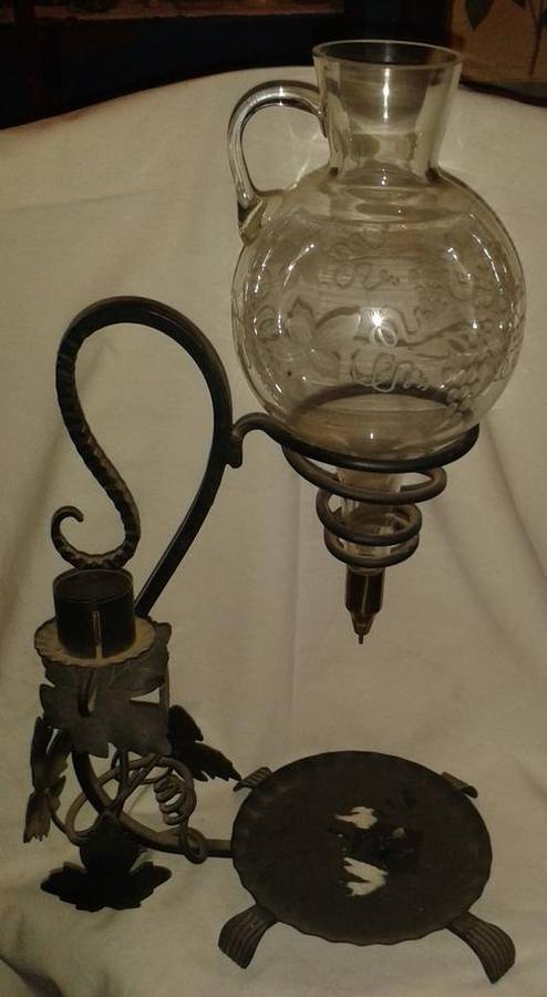 1930'S GLASS & IRON WINE DECANTER