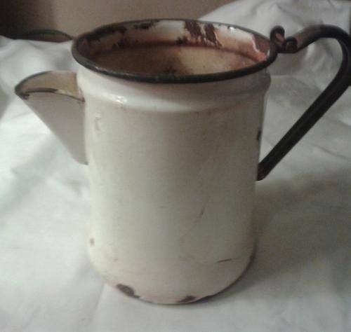 Shabby White with Black Trim Enamel Coffee Pot
