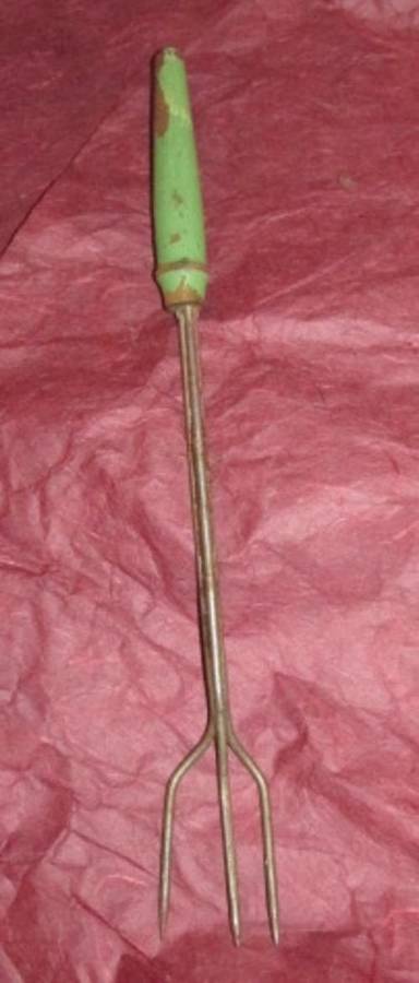 Vintage Wire 3 Tine Meat Fork with green wooden handle