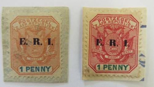 2 X ZAR 1 PENNY STAMPS (RED AND ORANGE )