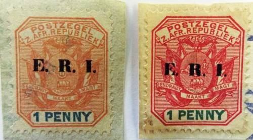 2 X ZAR 1 PENNY STAMPS (RED AND ORANGE )